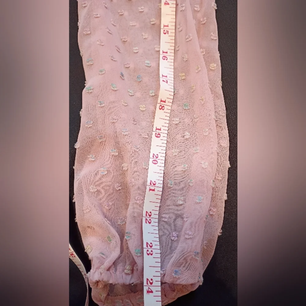 Pink Sheer Chiffon Clip Dot Mock Neck Long Sleeve Blouse - Picture 13 of 13